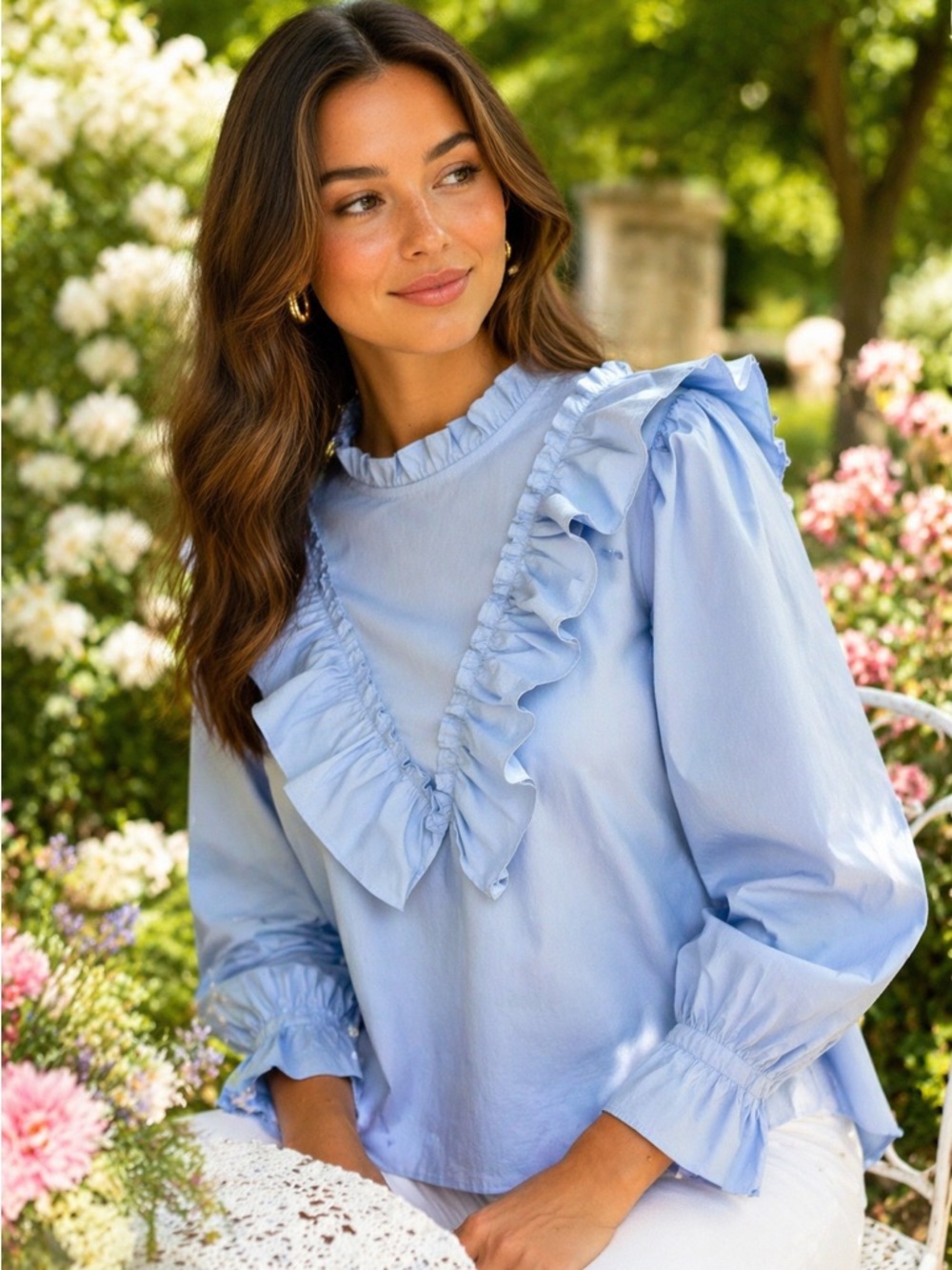 Forever 21 Blue Ruffle Blouse Puff Sleeve Cottagecore Romantic Top L NWT